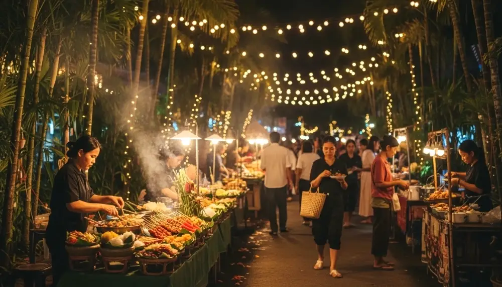 A lush tropical night market