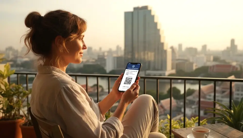 A relaxed traveler sitting on a balcony