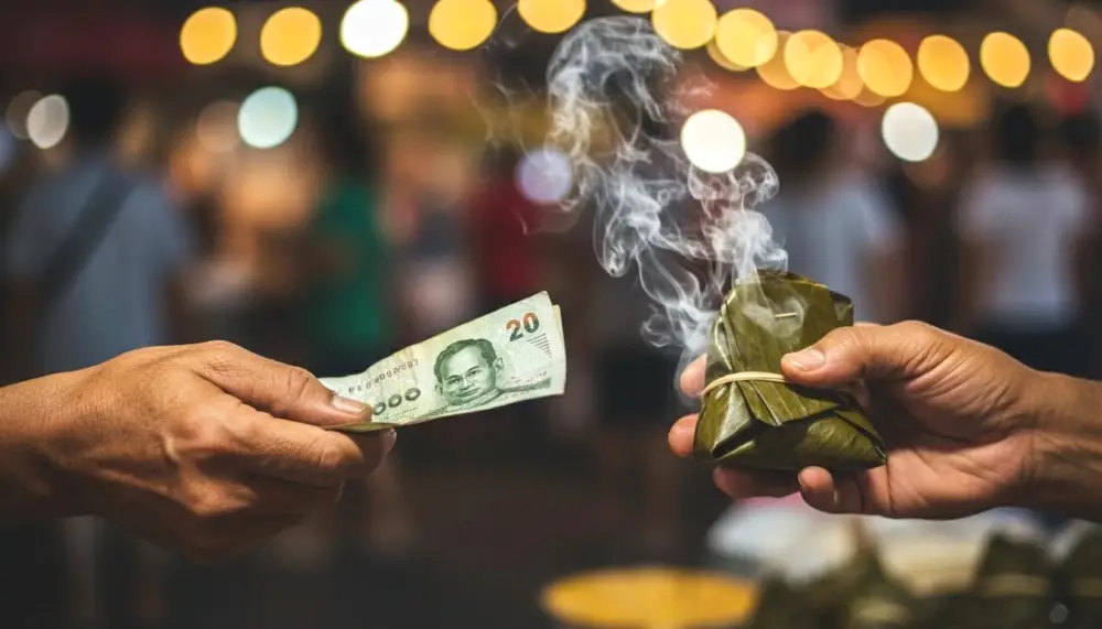 Baht note for a steaming banana leaf wrap