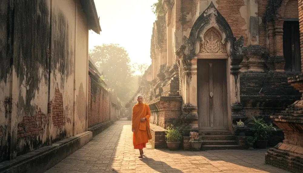 Buddhist monk in bright orange robes