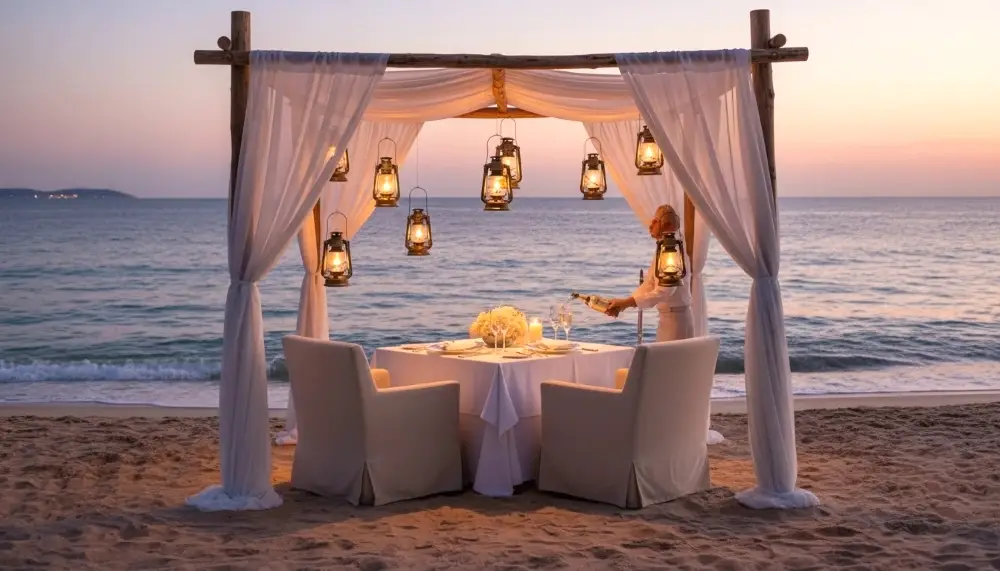 Luxury beachfront dining at dusk