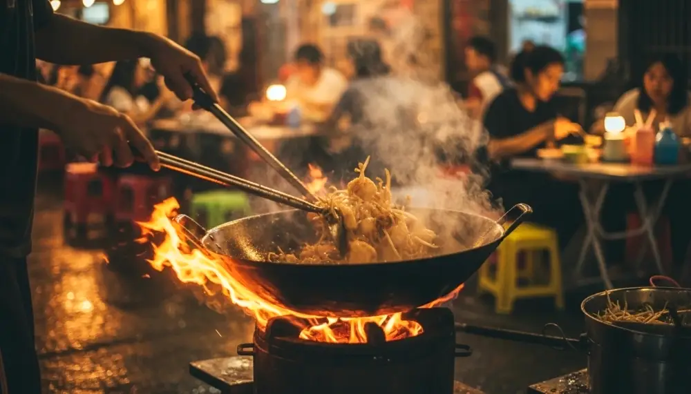 Thai street food chef tossing Pad thai