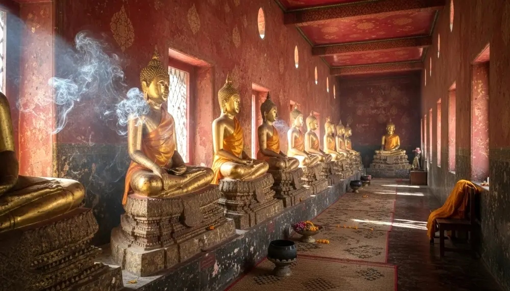 Thai temple a row of golden Buddha statues