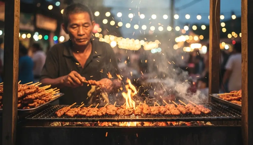 Thai vendor grilling skewers