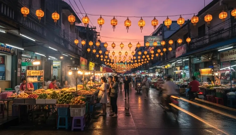a bustling Bangkok street market at dusk