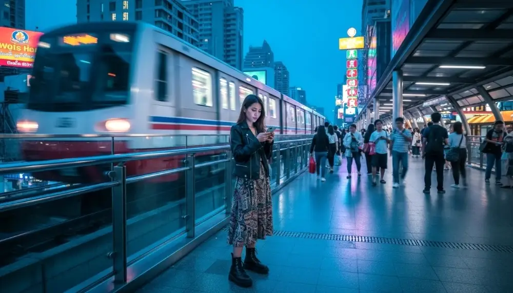 busy Bangkok skywalk with the BTS Skytrain
