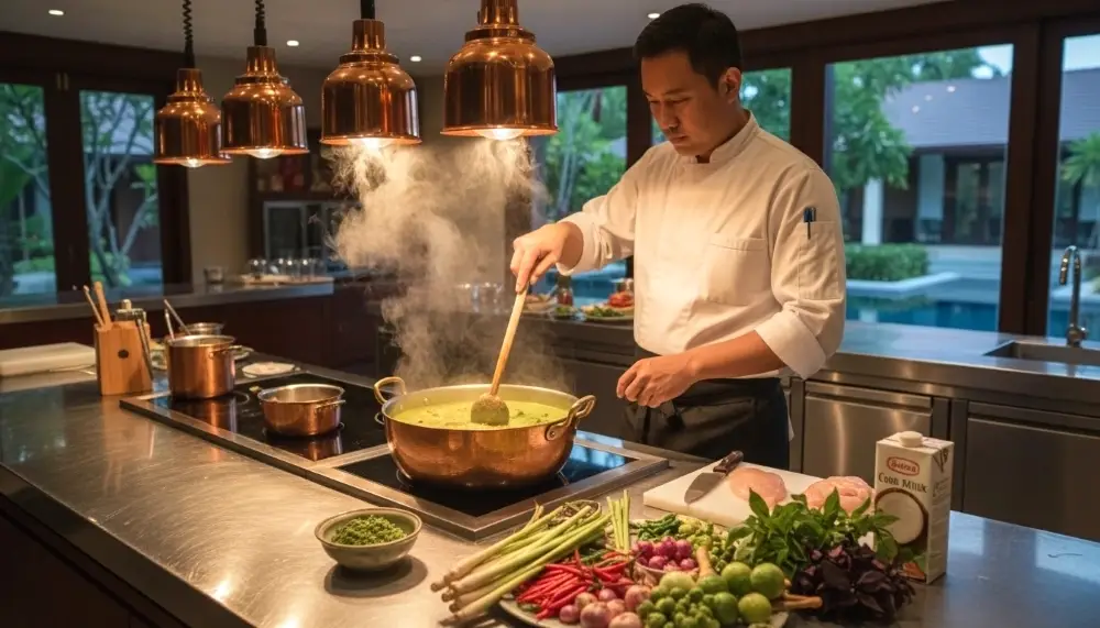 chef preparing Thai green curry