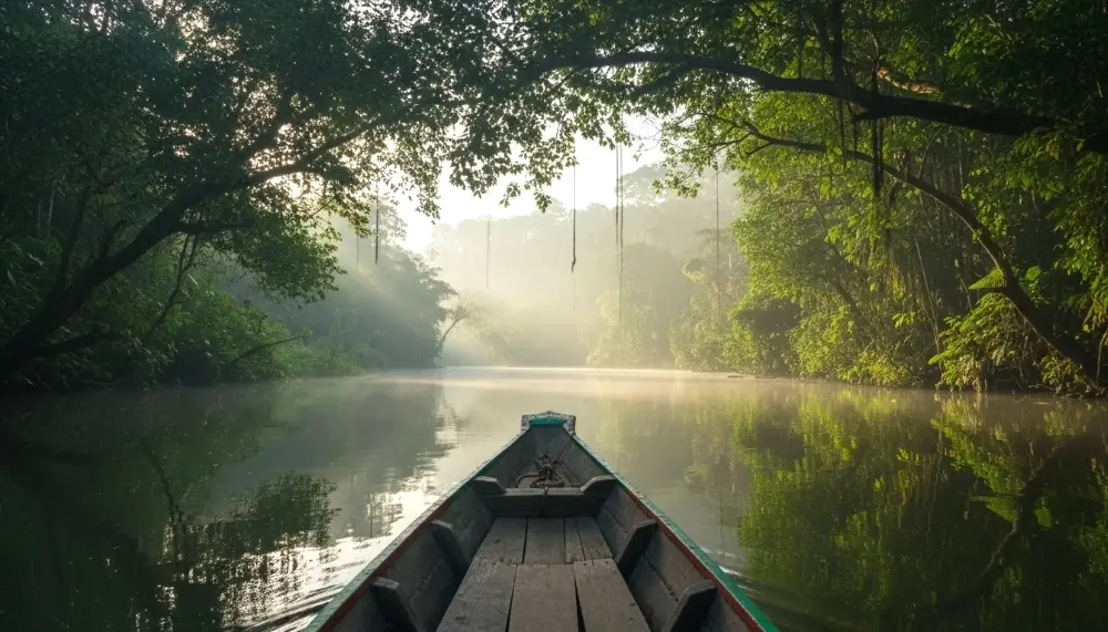 front of a wooden boat quiet jungle river
