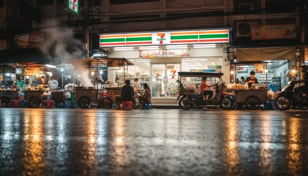 glowing 7 Eleven storefront Thai street