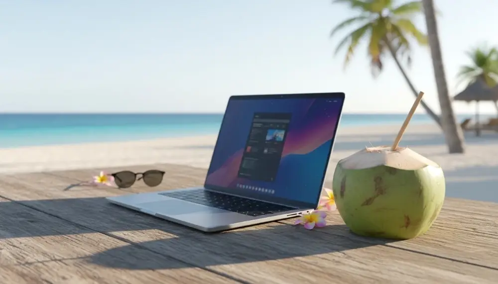modern laptop open on a rustic wooden table