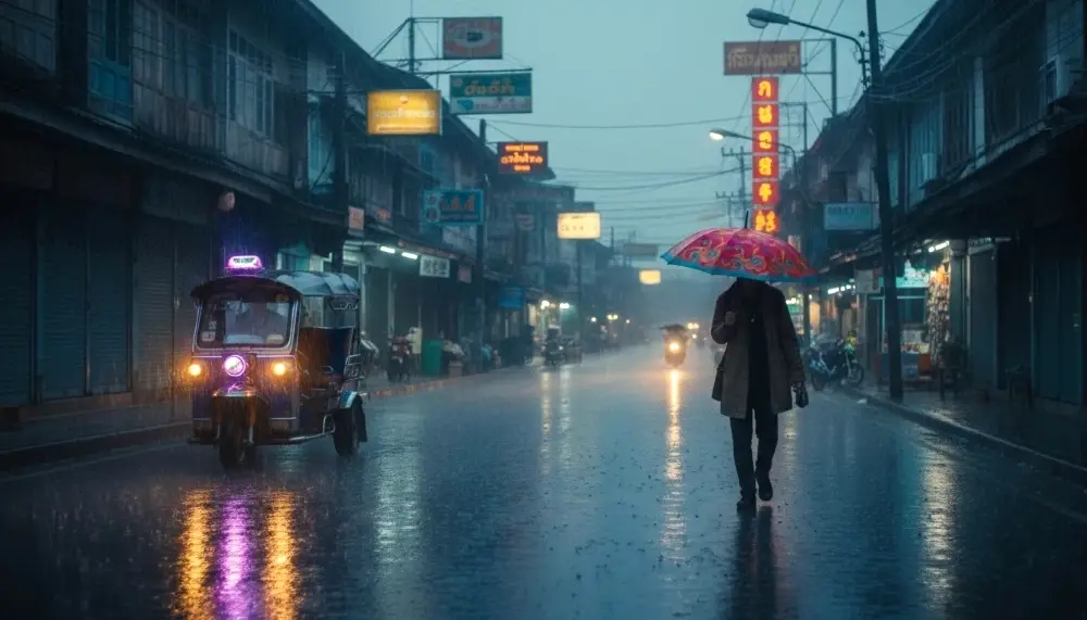 rainy street in a Thai town