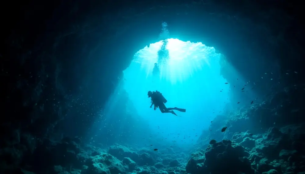 scuba diver silhouetted