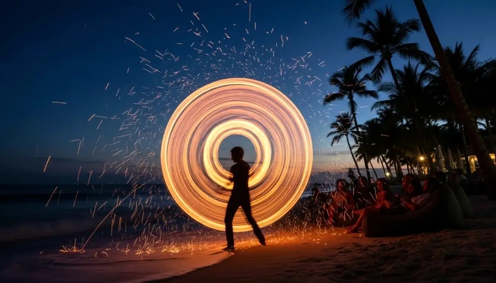 spinning fire poles on a dark beach