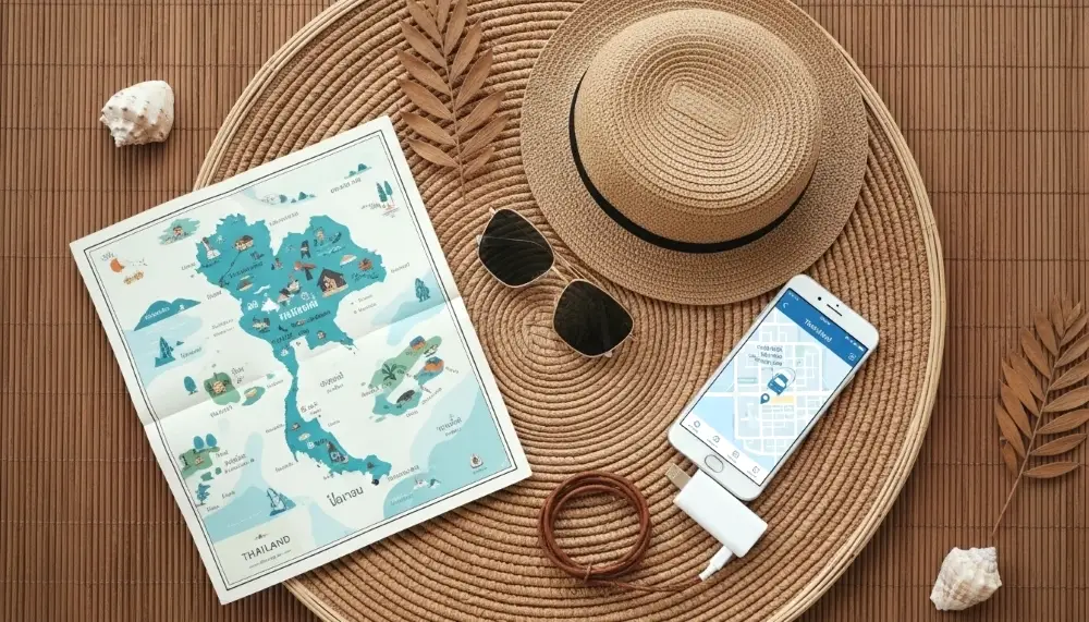 travel essentials on a woven bamboo mat