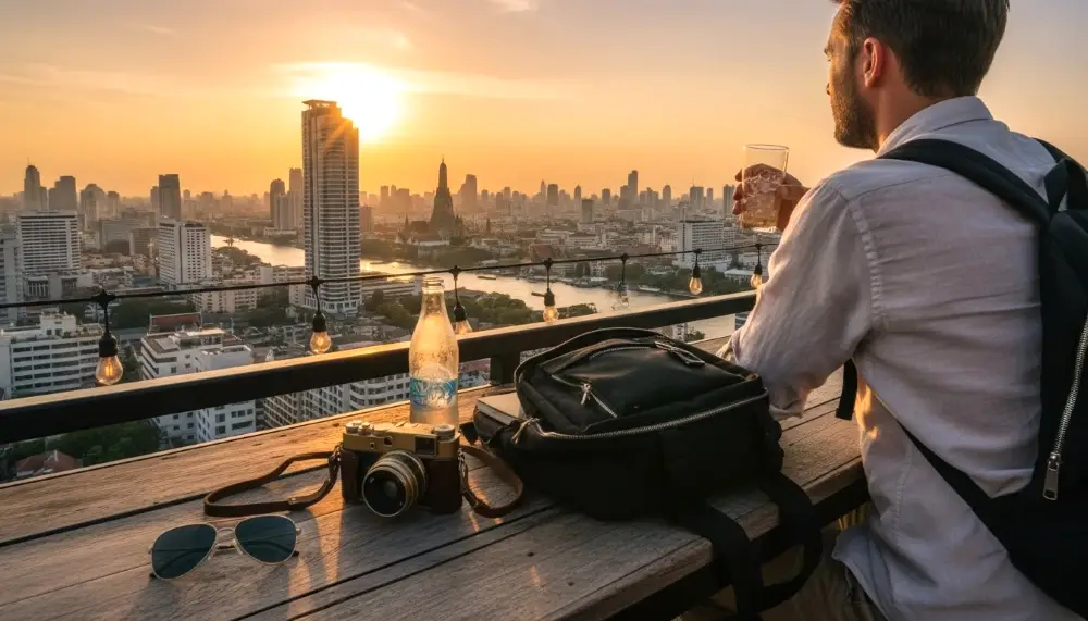 traveler at Bangkok skyline golden hour