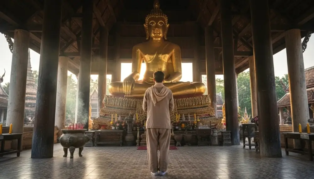 traveler standing before a large golden Buddha statue