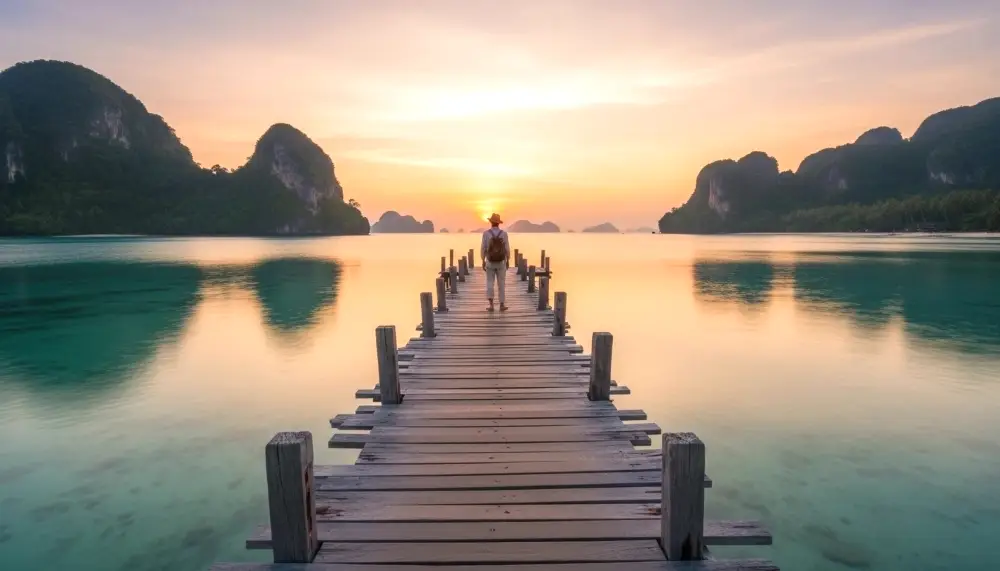 traveler standing on a wooden pie