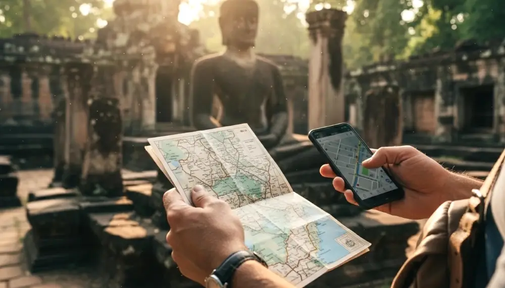traveler's hands holding a map