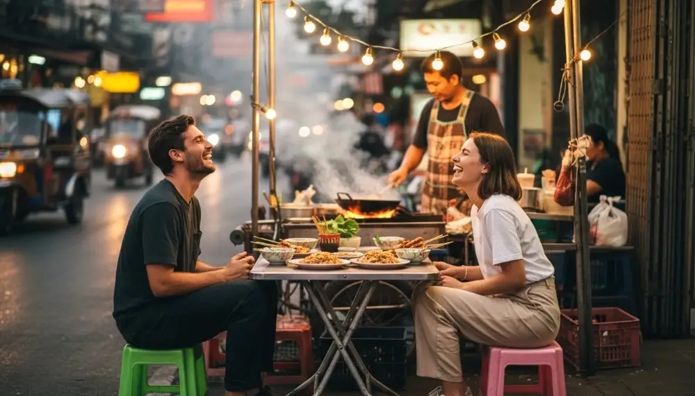travellers table on a Bangkok street corner