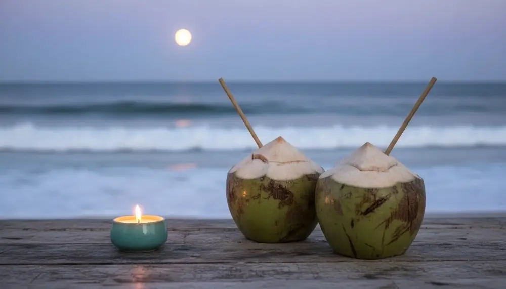 two fresh chilled coconuts with bamboo straws