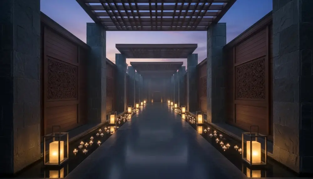 upscale spa hallway at dusk