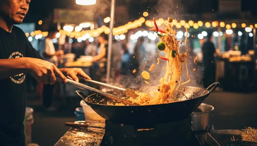 vendor tossing Pad Thai in a large wok