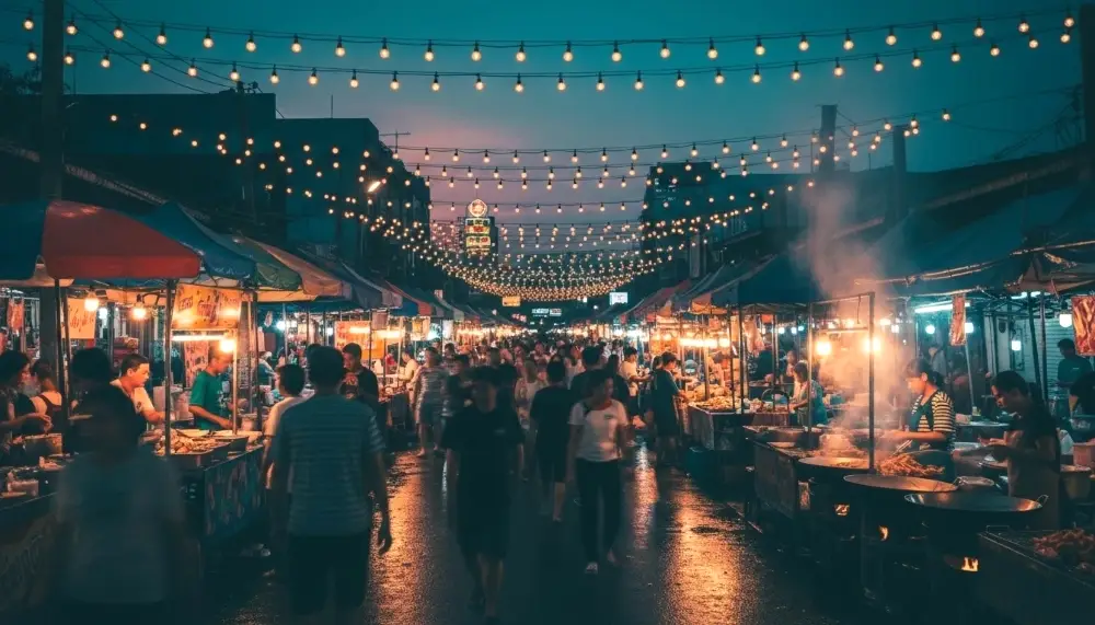 vibrant Thai night market at dusk