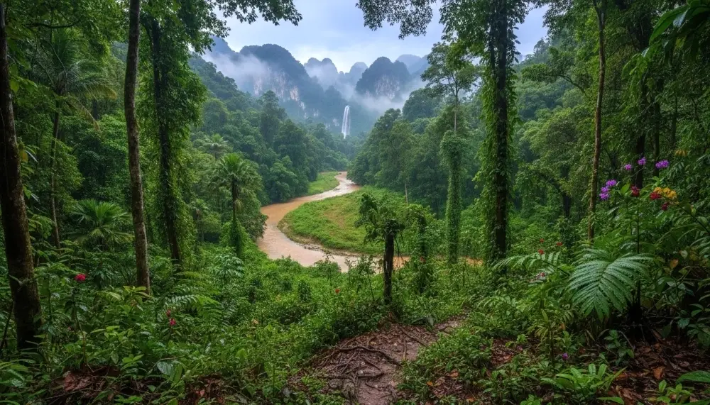 winding stream through valley