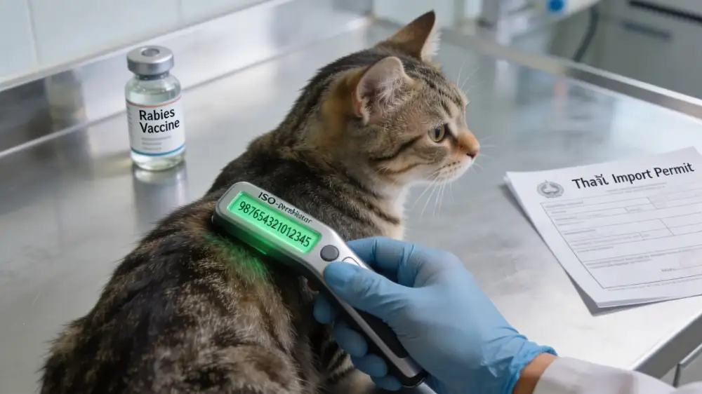 a rabies vaccination vial and a Thai import permit.webp