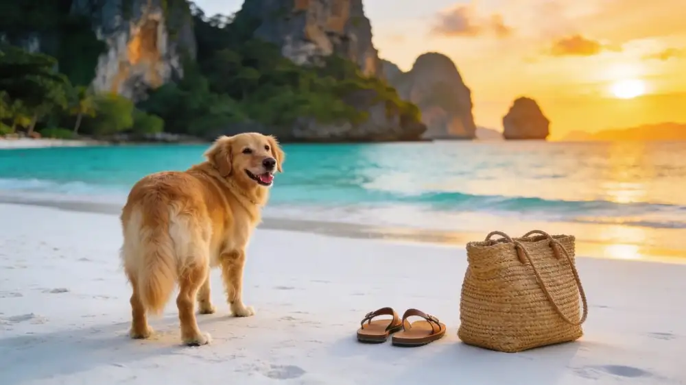 golden retriever standing happily on a pristine white-sand beach