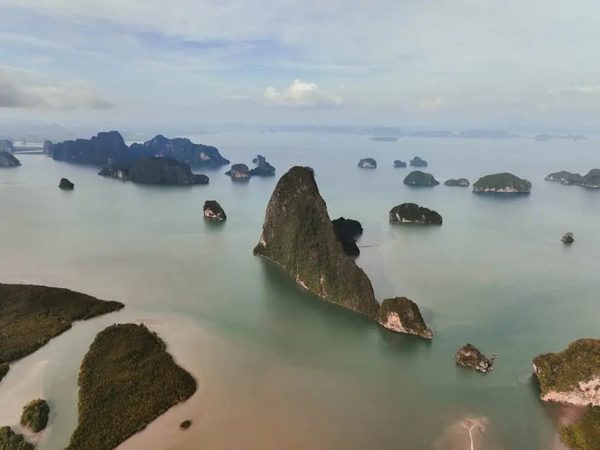 Aerial view of lush green islands and calm seas Thailand
