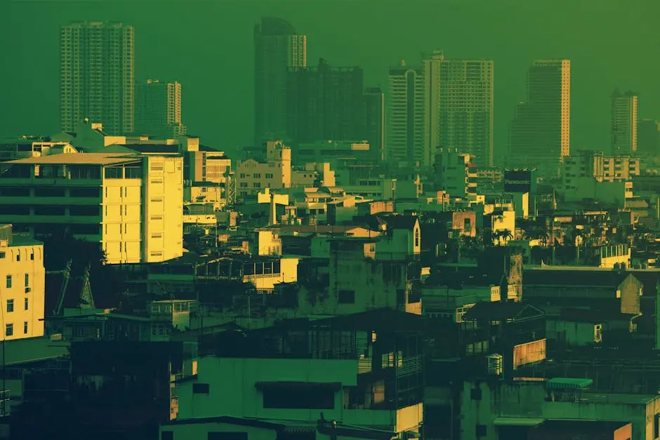 A Dramatic View Of Bangkok S Skyline With Tall Buildings And A Green H