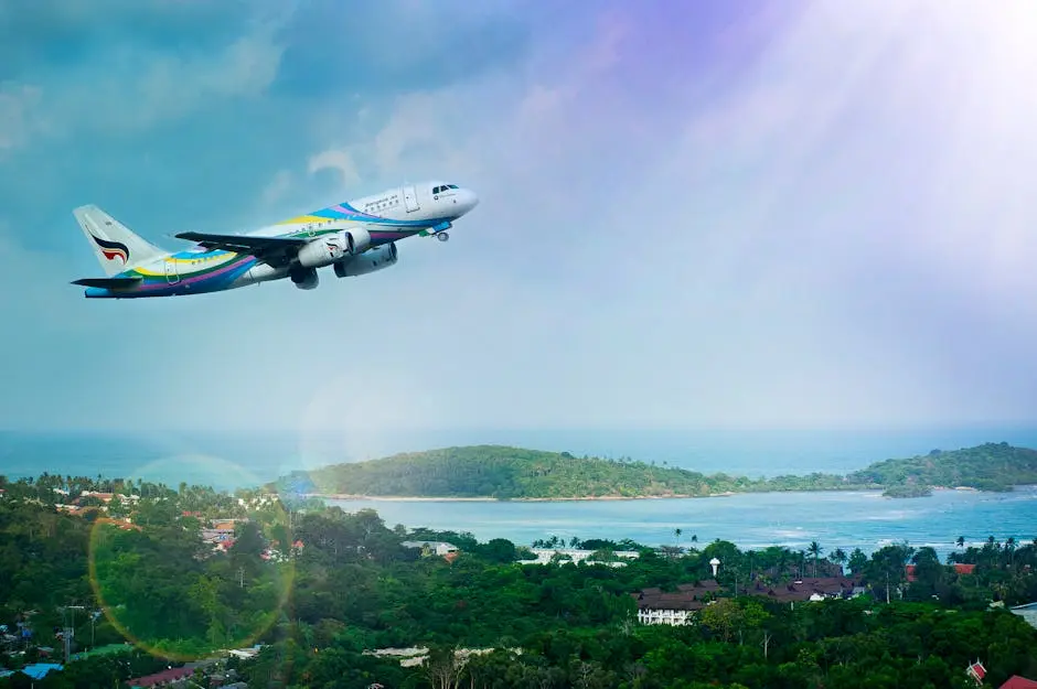 Airplane Soaring Over Koh Samui Island Thailand Showcasing A Vibrant T