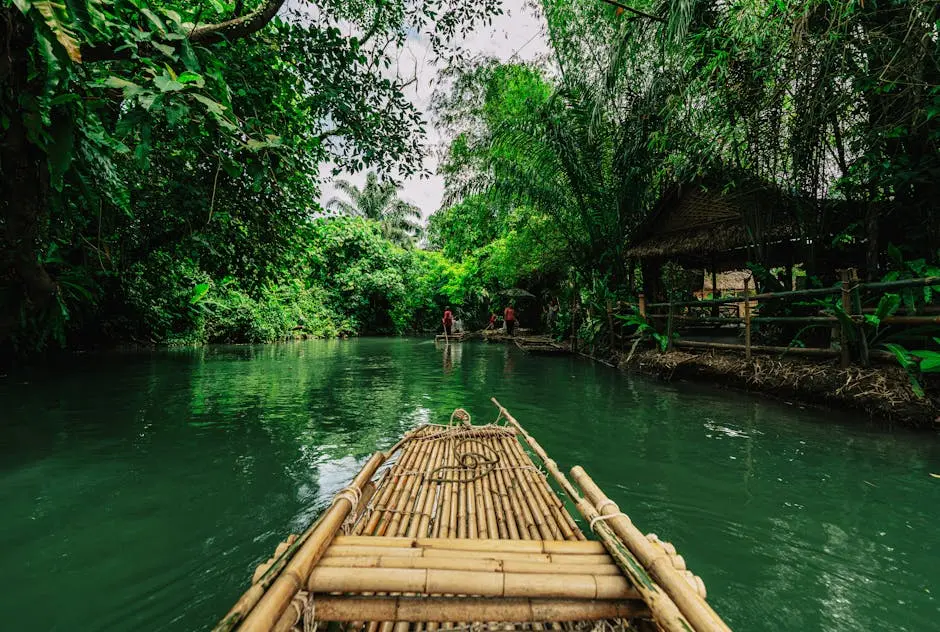 Bamboo Rafting Through Green River In Lush Krabi Jungle Setting