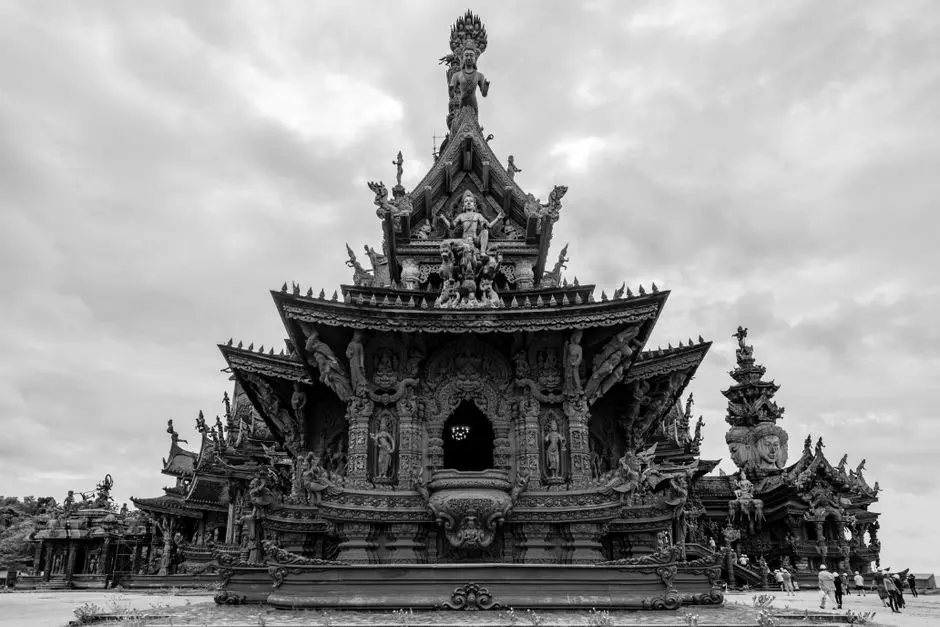 Black And White Photo Of The Ornate Sanctuary Of Truth In Pattaya Thai