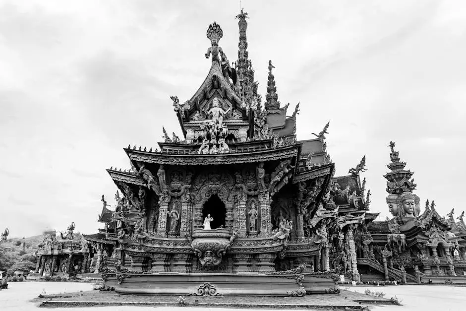 Black And White Photo Of The Sanctuary Of Truth S Detailed Wooden Carv