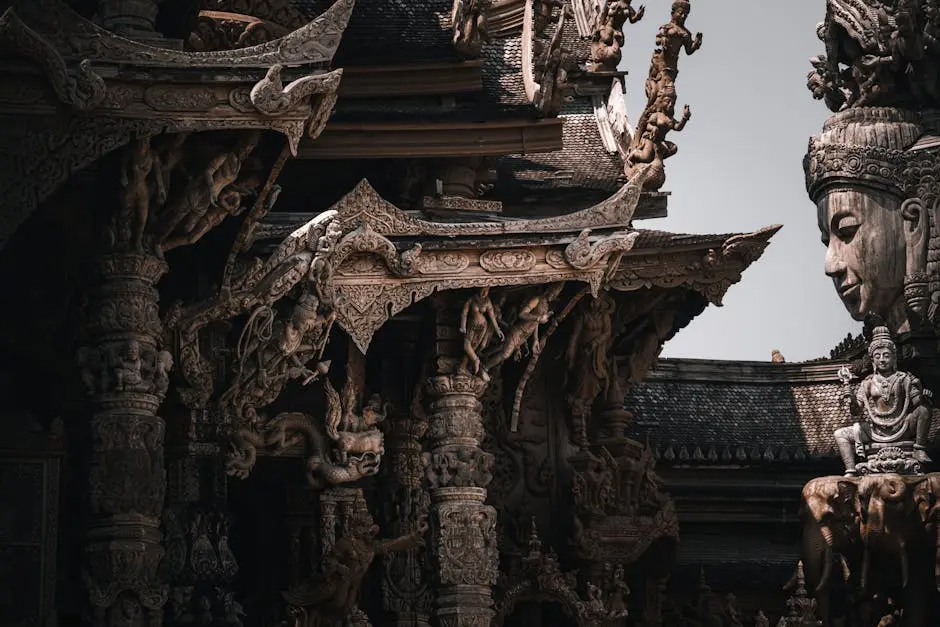Close Up Of Detailed Wood Carvings At The Sanctuary Of Truth In Pattay