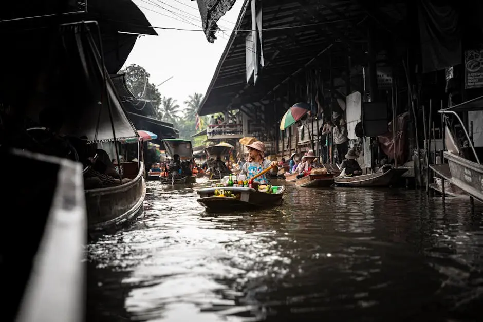 Colorful Floating Market With Boats And Vendors In Thailand S Canals