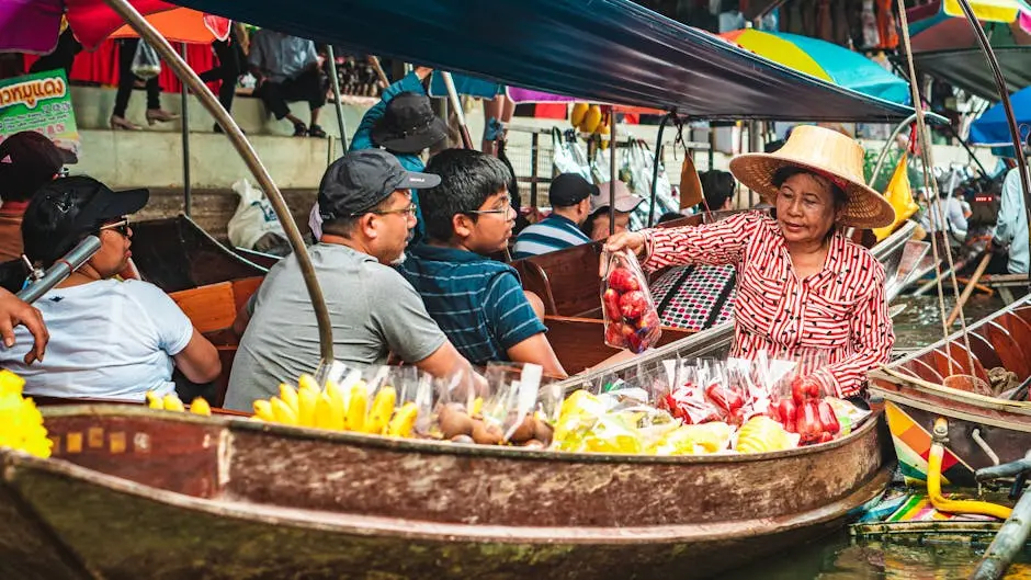 Colorful Image Of A Floating Market In Bangkok With Vendors Selling Fr