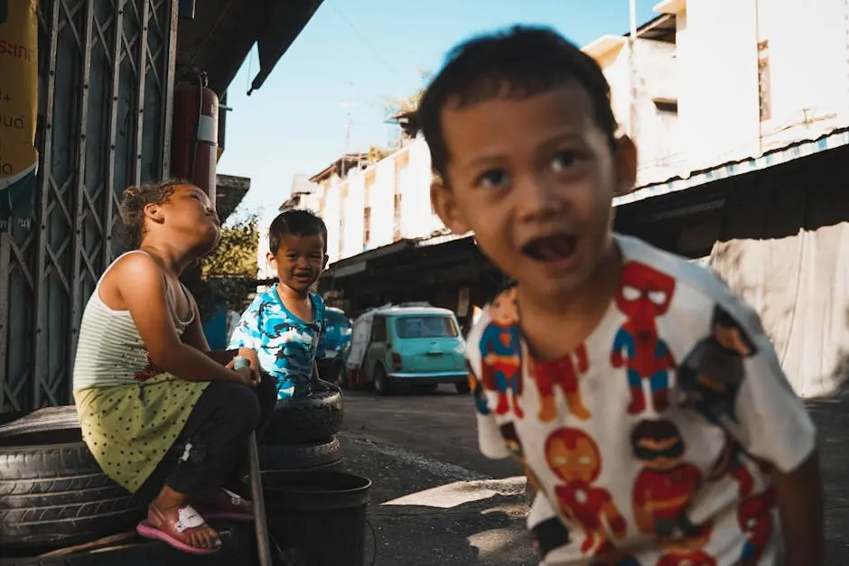 Joyful Children Playing On A Sunny Street In Bangkok With A Vintage Ca