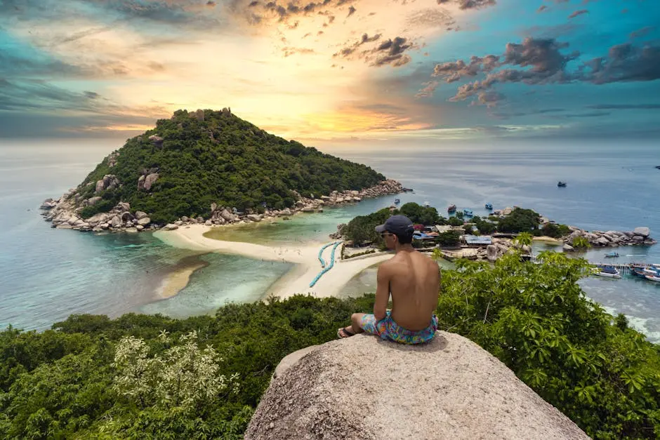 Man Admiring Breathtaking Sunset View Of Koh Nang Yuan Island In Thail