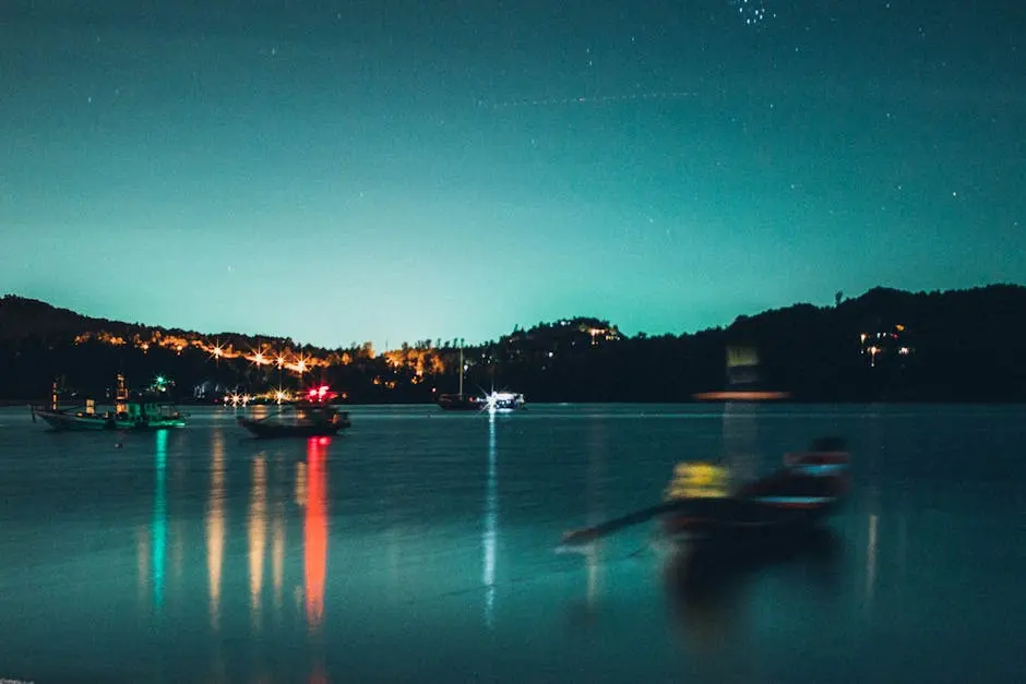 Peaceful Scene Of Boats And Reflections On A Lake In Surat Thani Thail