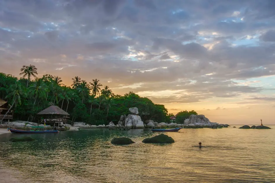 Peaceful Sunset Scenery At Ko Tao Beach In Thailand Featuring Rocky Sh