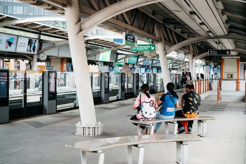 People Sitting On A Railway Station Platform Waiting For The Train In