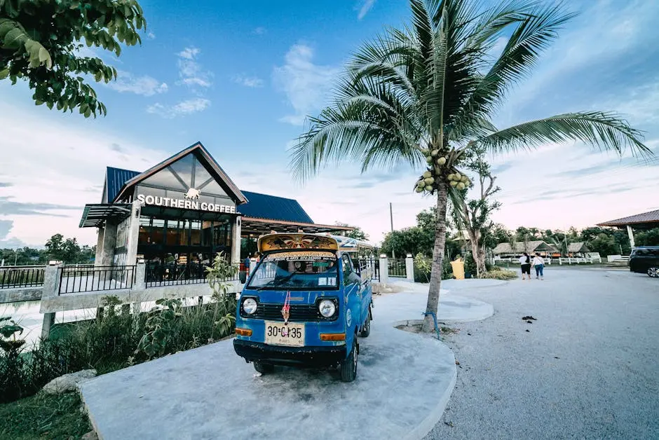 Scenic View Of Southern Coffee Shop And Vintage Blue Truck In Mukdahan