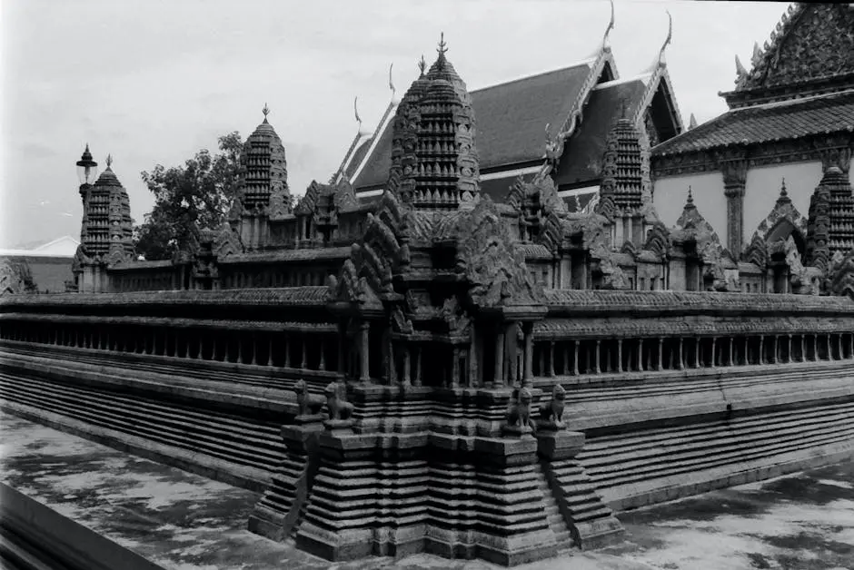 Stunning Black And White View Of Traditional Buddhist Temple Architect