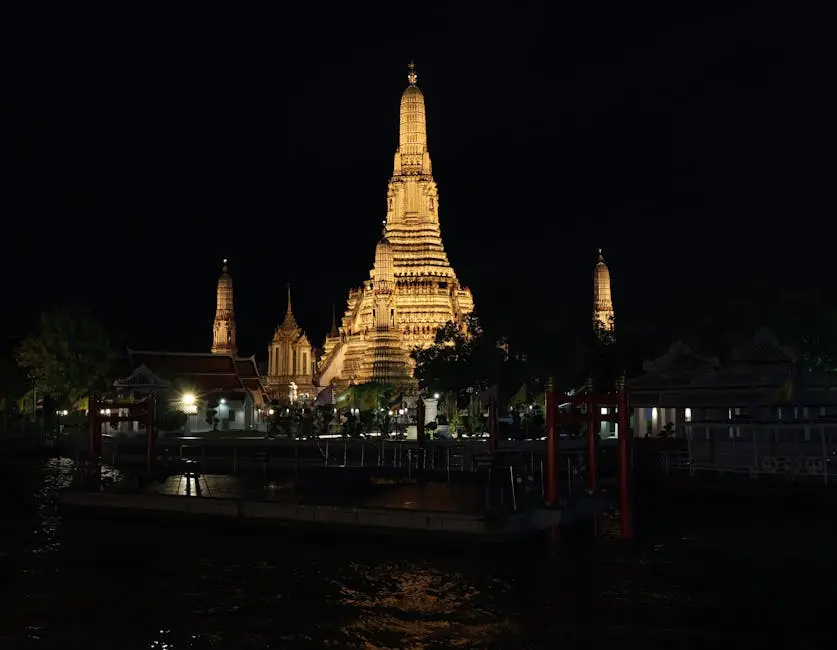 Stunning Nighttime View Of The Illuminated Wat Arun Temple In Bangkok