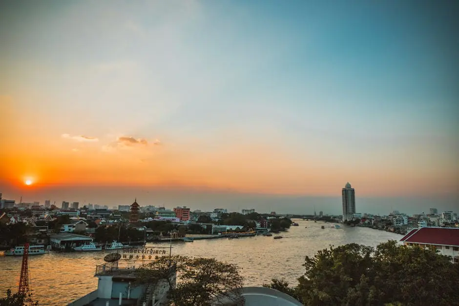 Stunning Sunset View Over Bangkok S Chao Phraya River With Cityscape A