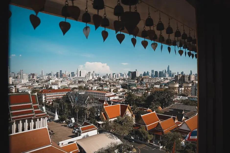 Stunning View Of Bangkok City Skyline With Traditional Thai Temples In