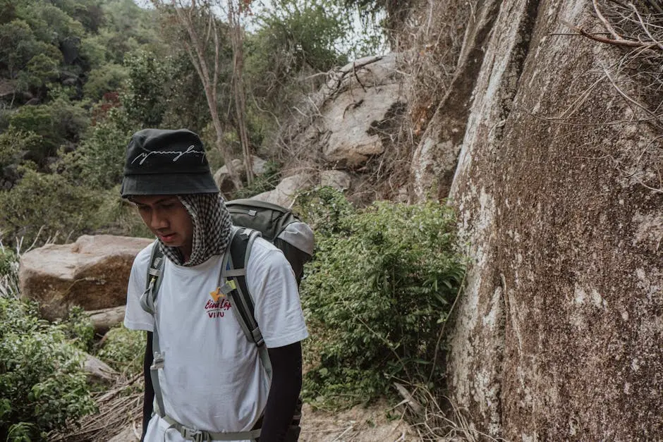 Teenager Hiking Through A Rocky And Lush Landscape Wearing A Backpack